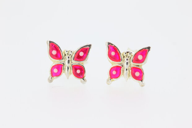 Zilveren oorknopjes met roze vlinders